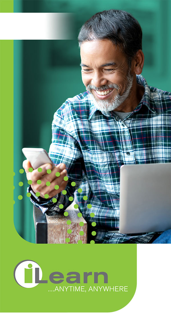 ILearn brochure cover of man with laptop and cellphone