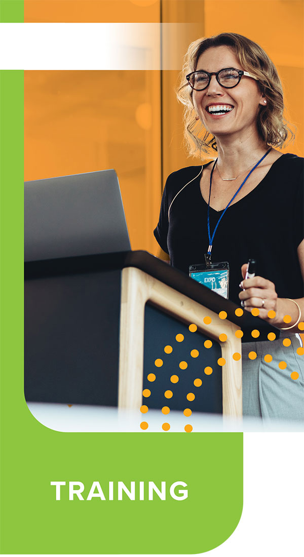 ICN training brochure cover of woman lecturing